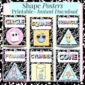 Peut inclure: Affiches de formes éducatives avec les mots "CIRCLE", "SQUARE", "TRIANGLE", "PYRAMID", "CYLINDER" et "CONE". Chaque affiche présente un personnage de dessin animé à l'intérieur de la forme. Le fond est un motif noir et blanc avec les mots "Shape Posters Printable- Instant Download".