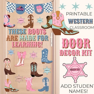 Retro Cowgirl Classroom Door Decor Kit Printable Western Classroom Decor Classroom Door Decor Editable Student Name Classroom Door Kit