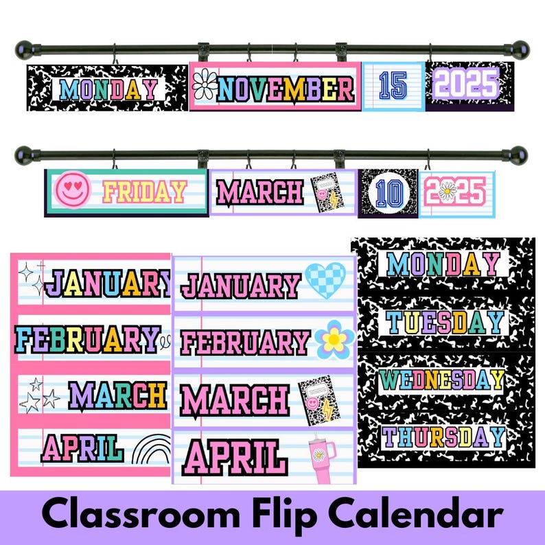 May include: A classroom flip calendar with colourful monthly tabs and days of the week. The calendar features a black and white notebook paper design with a variety of fun graphics.