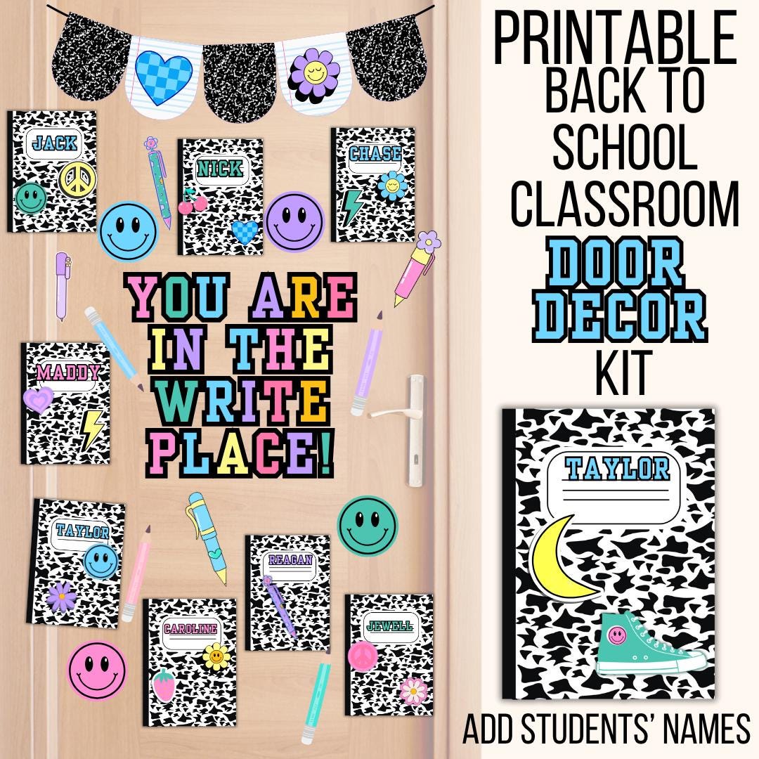 Back to School Classroom Door Decor Kit Printable Composition Notebook Classroom Door Decor Editable Student Name Varsity Theme Classroom
