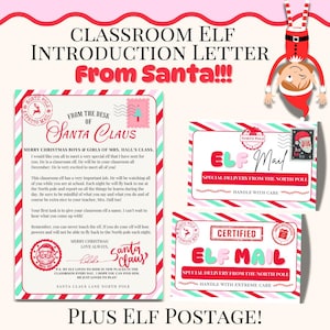 May include: A classroom elf introduction letter from Santa, with two "Elf Mail" cards. The letter has red and green borders and a message from Santa. The cards are themed around the North Pole, with festive designs and text.