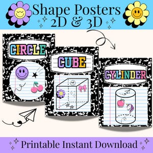 May include: Shape Posters 2D & 3D printable instant download. The image features three posters with the words "CIRCLE", "CUBE", and "CYLINDER". Each poster has a notebook paper background with illustrations of the shapes. The posters are decorated with flowers, stars, and other cute graphics.