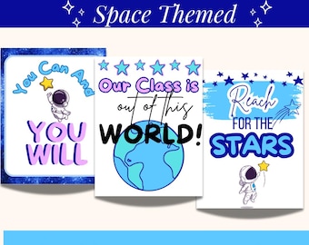 Pôsteres para sala de aula com tema de mentalidade de crescimento, espaço sideral, download digital para impressão. Pôsteres para sala de aula com tema de galáxias.