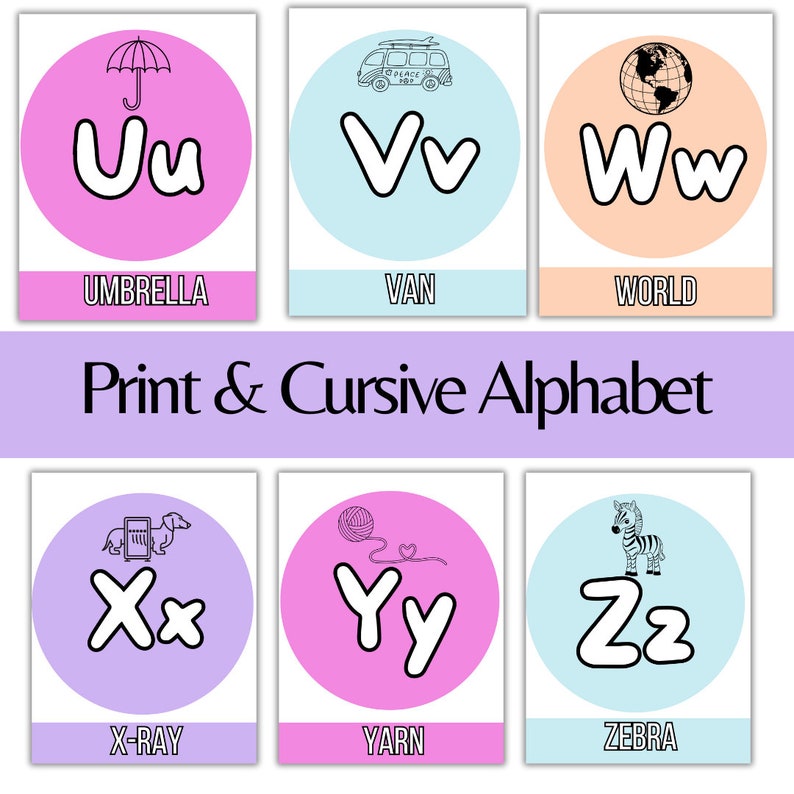 pastel classroom alphabet posters in cursive and print