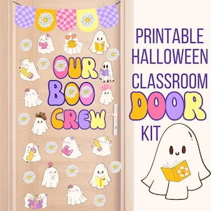 May include: Printable classroom door kit with a Halloween theme. The kit includes a banner, ghosts, and flowers. The text "Our Boo Crew" is featured on the door.