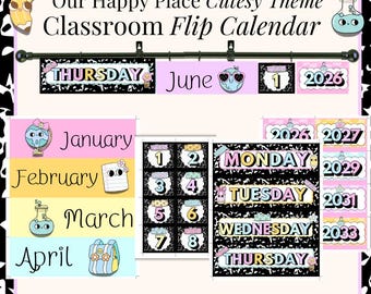 Flip Calendar Classroom Set Printable Classroom Flip Calendar Display Works with Magnetic Curtain Rod Composition Notebook Theme Classroom