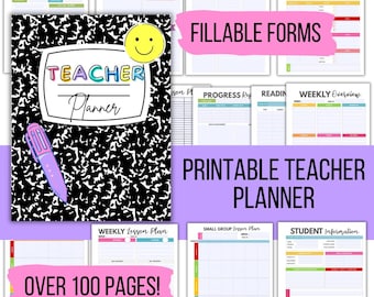 Undated Teacher Planner Printable Groovy Theme Teacher Composition Notebook Teacher Planner Printable Teacher Planner Fillable