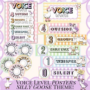 May include: A set of "Voice Level" posters and circular badges with a "Silly Goose" theme. The posters feature levels 0-4, with corresponding text and illustrations of geese. The color scheme includes pastel pink, blue, yellow, and green.
