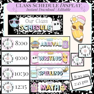 May include: A colorful class schedule display with the text "CLASS SCHEDULE DISPLAY" and "Our Class SCHEDULE". The schedule includes times, subjects like Arrival, Writing, Spelling, and Math, and cute illustrations.