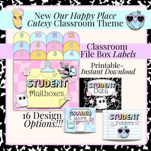 May include: A collection of printable classroom file box labels with a cutesy theme. The design includes labels for student mailboxes, data, folders, and graded work. The labels feature pastel colors, floral accents, and the text "New Our Happy Place".