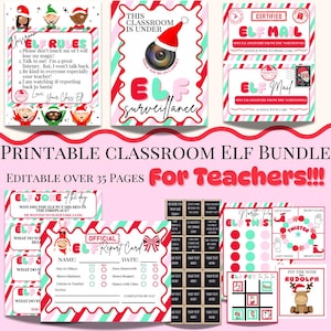 May include: A collection of printable classroom elf-themed materials for teachers. Includes elf rules, surveillance sign, report cards, elf mail, games, and more. Features red, white, and green colors with festive designs.