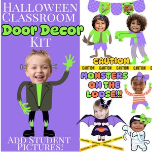 Könnte beinhalten: Ein Halloween-Klassenzimmer-Türdekorations-Kit mit Cartoon-Monsterfiguren und dem Text "HALLOWEEN CLASSROOM Door Decor KIT". Das Design enthält den Text "MONSTERS ON THE LOOSE!!!" und "ADD STUDENT PICTURES!" mit Warnband.