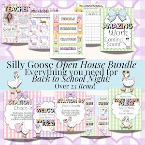 May include: A collection of printable school supplies and classroom decorations with a whimsical goose theme. Includes welcome signs, station cards, and labels for pencils, scissors, crayons, and markers. The text includes "Silly Goose Open House Bundle" and "Back to School Night!"