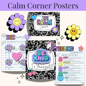 Może przedstawiać: Zestaw kolorowych plakatów Calm Corner z różnymi wzorami. Plakaty zawierają teksty takie jak "The Calm Corner", "Be Kind To Yourself" i "Box Breathing". Każdy plakat zawiera wesołe ilustracje, takie jak kwiaty i jednorożec.