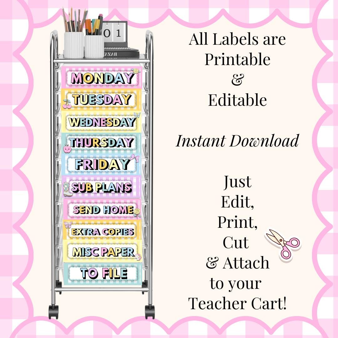 Rolling Cart Labels Pastel Printable 10 Drawer Cart Labels and 12 ...