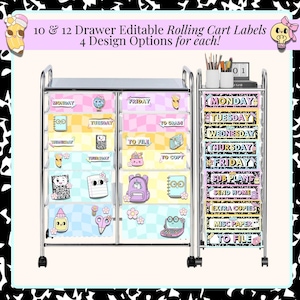 May include: Rolling cart labels with colourful designs and text. The labels include days of the week and other organisational terms. The cart has 10 or 12 drawers, with 4 design options for each label. The labels are editable.
