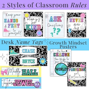 classroom rules desk name tags growth mindset posters classroom decor bundle cute