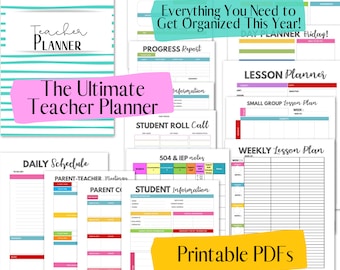 May include: A collection of printable teacher planner pages in PDF format. The pages are colorful and feature a variety of layouts, including a daily schedule, weekly lesson plan, student information, and progress report. The text "The Ultimate Teacher Planner" is featured in a pink box.