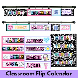 Varsity Patch Flip Calendar Classroom Set Printable Classroom Flip Calendar works with Magnetic Curtain Rod Composition Notebook Theme