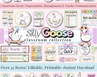 Paquete de decoración para el aula de Silly Goose, decoración para el aula de primaria en tonos pastel, decoraciones para el aula con temática de Silly Goose, pósteres divertidos para el paquete de decoración del aula.