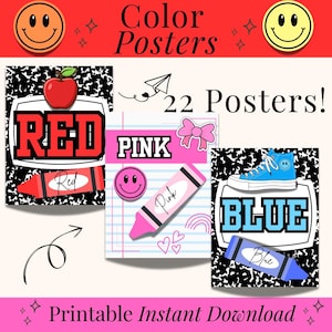 May include: A colorful poster set with the words "Color Posters" and "22 Posters!" displayed on a red background. The set includes illustrations of the colors red, pink, and blue, each with a corresponding crayon and other graphics. The phrase "Printable Instant Download" is also present.