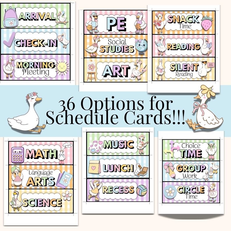 36 options for schedule cards with school subjects