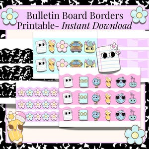 Può includere: Bordi per bacheca stampabili con vari disegni. I bordi presentano illustrazioni a tema scolastico come matite, quaderni, scuolabus e fiori. Il testo "Bulletin Board Borders Printable - Instant Download" è visualizzato in alto.
