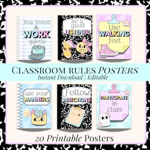 May include: A collection of six classroom rule posters with colorful illustrations and text. The posters feature phrases like "Stay Seated & Work Quietly" and "Use Walking Feet." The title "Classroom Rules Posters" is displayed prominently.