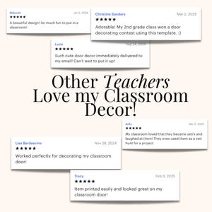 Peut inclure: Image pr&eacute;sentant des avis clients sur des d&eacute;corations de classe. Le texte central indique &laquo; Other Teachers Love my Classroom Decor! &raquo;. Les avis soulignent la facilit&eacute; d'utilisation et l'impact positif, avec dates et &eacute;toiles.