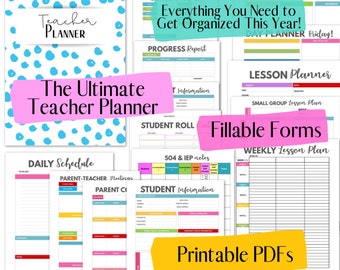 May include: A colorful digital planner for teachers, with the title "The Ultimate Teacher Planner". The planner includes a variety of printable forms and schedules, such as a daily schedule, weekly lesson plan, student information, and progress reports. The planner is designed to help teachers get organized and stay on top of their workload.