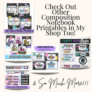 Peut inclure: Ensemble d'imprimables pour la classe, comprenant des affiches pour les r&egrave;gles de classe, l'alphabet, les niveaux de voix et un calendrier &agrave; feuilles mobiles. Les motifs pr&eacute;sentent un th&egrave;me de cahier de composition.