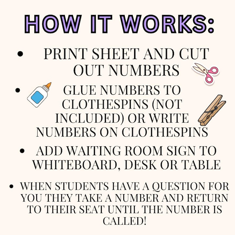 Peut inclure: Graphique explicatif intitul&eacute; &laquo;&nbsp;HOW IT WORKS&nbsp;:&nbsp;&raquo; (Comment &ccedil;a marche&nbsp;:). Il d&eacute;crit un syst&egrave;me de gestion de classe, avec des instructions pour imprimer des num&eacute;ros, les coller sur des pinces &agrave; linge et utiliser un panneau de salle d'attente.