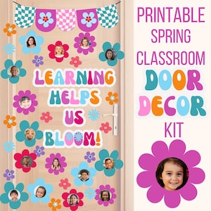 May include: Printable classroom door decor kit with a spring theme. The kit includes a banner with flowers and chequered patterns, large flower-shaped frames with student photos, and a sign that reads "Learning helps us bloom!"