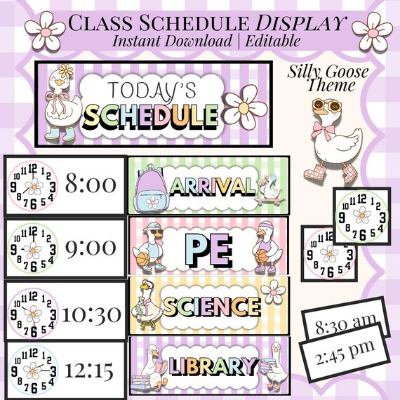 Editable Classroom Schedule Cards for Class Schedule Display Silly Goose Theme Digital Download Pastel Classroom Decor