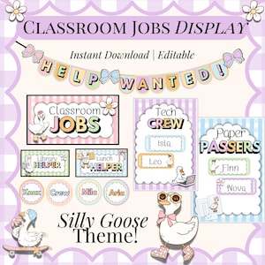 Klassenzimmer Job Chart bearbeitbar druckbare Silly Goose Theme Klassenzimmer Job Display Pastell Digital Download