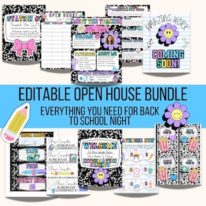 Könnte beinhalten: Ein editierbares Open-House-Bundle mit verschiedenen Druckvorlagen zum Thema Schule. Enthält Willkommensschilder, Meet-the-Teacher-Vorlagen, Karteikarten und ein "Coming Soon"-Schild. Die Designs zeigen einen schwarz-weißen Hintergrund aus Notizbuchpapier mit farbigen Akzenten.