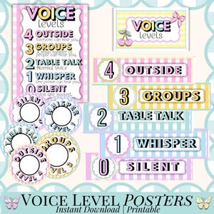 以下が含まれることがあります： パステルカラーの音声レベルポスターとラベルのコレクション。ポスターには、「サイレント」から「アウトサイド」までのレベルが表示され、対応する説明が記載されています。デザインには、蝶やサクランボなどの装飾要素が含まれています。