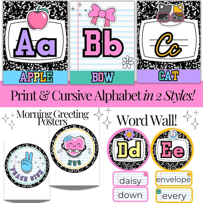 alphabet posters composition notebook theme morning greeting posters word wall