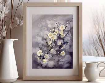 Original handmade watercolor painting, Plum Blossom In Snowy Winter painting, Snow painting, Neutral wall art, home decor, house gift