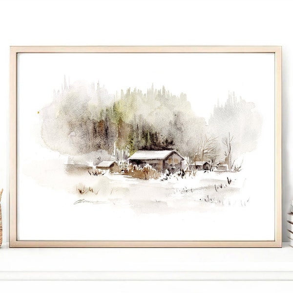Original Landscape Watercolor Painting, Farm Houses Landscape Painting, Countryside painting, House Gift, Wall Art, Home Decor