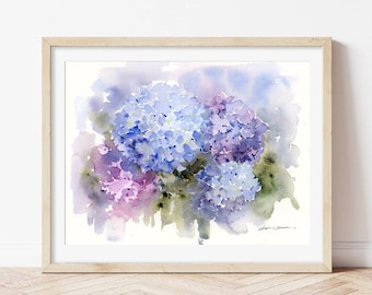 Original Hydrangea Flowers Watercolor Painting, Handmade Blue Flowers Art, Semi-Abstract flowers Painting, Floral Painting Wall Art