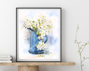 Originele handgemaakte aquarel schilderij, witte bloem kunst, stilleven schilderij, botanisch schilderij, kunst aan de muur, home decor, huis cadeau, post