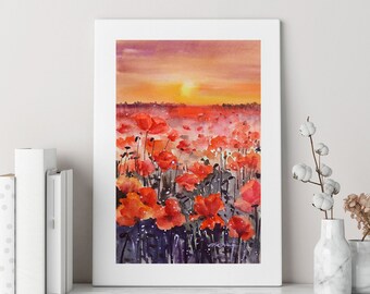 Original handmade watercolor painting, Poppy flowers field art, flower painting, wall art, home decor, house gift, free shipping