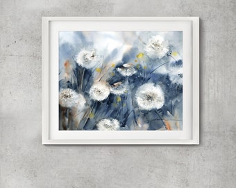 Original Dandelion Abstract Watercolor Painting, Abstract Flowers art, Grey Plant Painting, Botanical Wall Art
