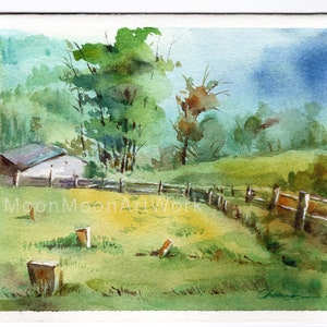 Carte postale originale faite main d'art d'aquarelle, peinture de mini paysage, carte d'aquarelle, cadeau pour un ami, paysage de ressort