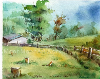 Original Watercolor Landscape Card: Spring Countryside Art (5x5.5 in)