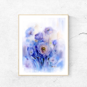 Original Mohnblume Aquarell Malerei, handgemachte Wandkunst, Ultramarine Blau