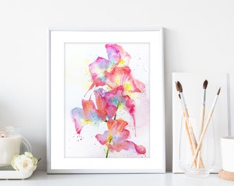 Original Abstract Floral Watercolor Painting: Red Flowers Wall Art