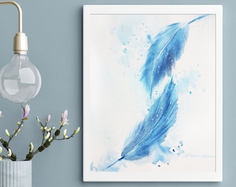 Feathers original handmade watercolor painting, Bird Feathers Wall Art, Blue home decor, gift, free shipping