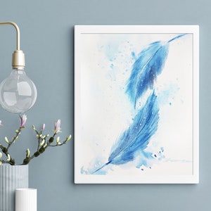 Feathers original handmade watercolor painting, Bird Feathers Wall Art, Blue home decor, gift, free shipping